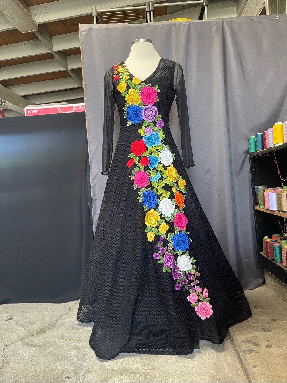 Black Floral-Appliqué A-Line Dress